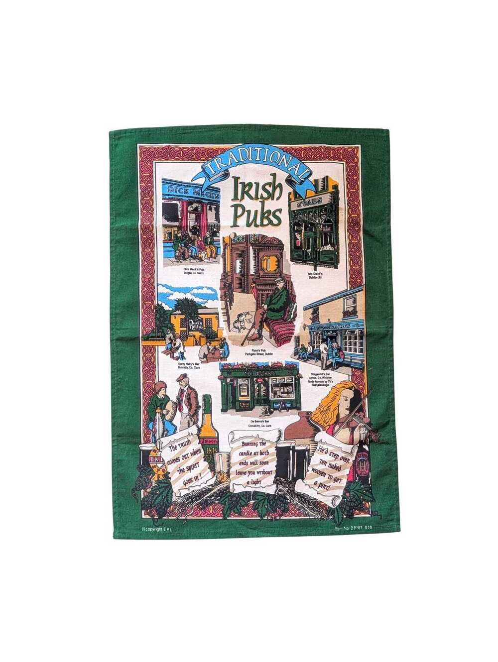 Vintage Irish Linen Tea Towel with Traditional Pubs in Ireland